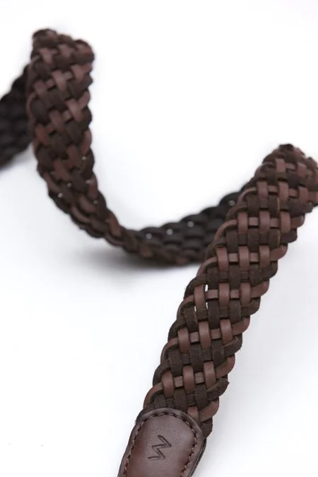 Koyu Kahverengi El Yapımı Süet Deri Örgü Kemer