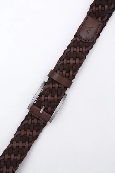 Koyu Kahverengi El Yapımı Süet Deri Örgü Kemer