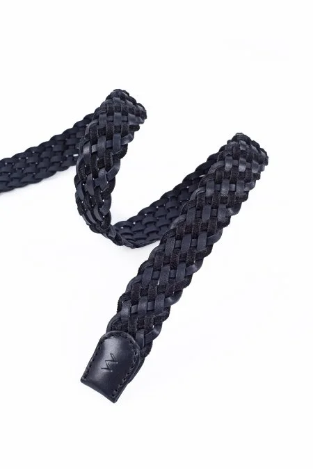 Siyah El Yapımı Süet Deri Örgü Kemer