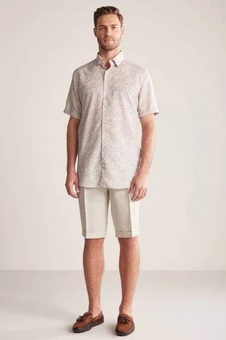 Etnik Desen Krem Rengi Gizli Düğme Kısa Kollu Tencel Gömlek