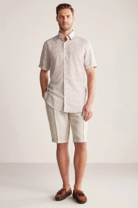 Etnik Desen Krem Rengi Gizli Düğme Kısa Kollu Tencel Gömlek