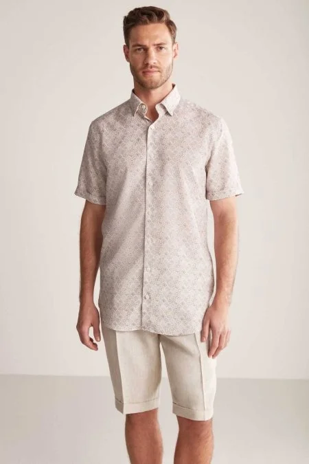 Etnik Desen Krem Rengi Gizli Düğme Kısa Kollu Tencel Gömlek