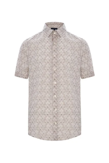 Etnik Desen Krem Rengi Gizli Düğme Kısa Kollu Tencel Gömlek