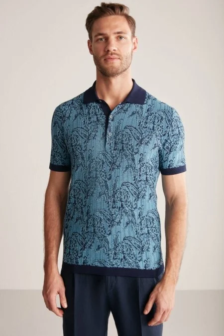 Etnik Desen Lacivert-Mavi Merserize Pamuk Triko Polo