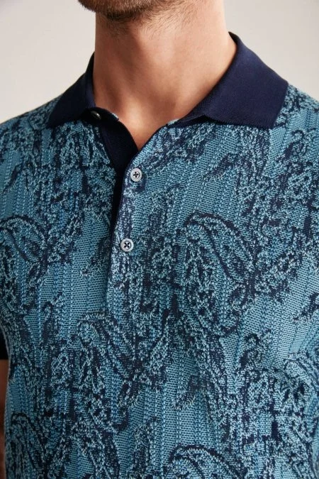 Etnik Desen Lacivert-Mavi Merserize Pamuk Triko Polo