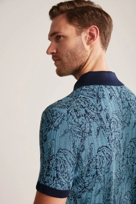 Etnik Desen Lacivert-Mavi Merserize Pamuk Triko Polo