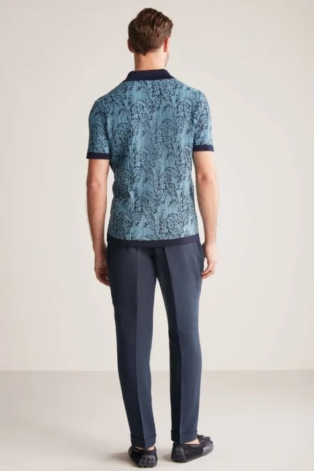 Etnik Desen Lacivert-Mavi Merserize Pamuk Triko Polo