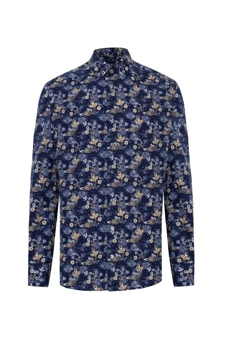 Etnik Desen Gizli Düğme Lacivert Saf Pamuk Gömlek