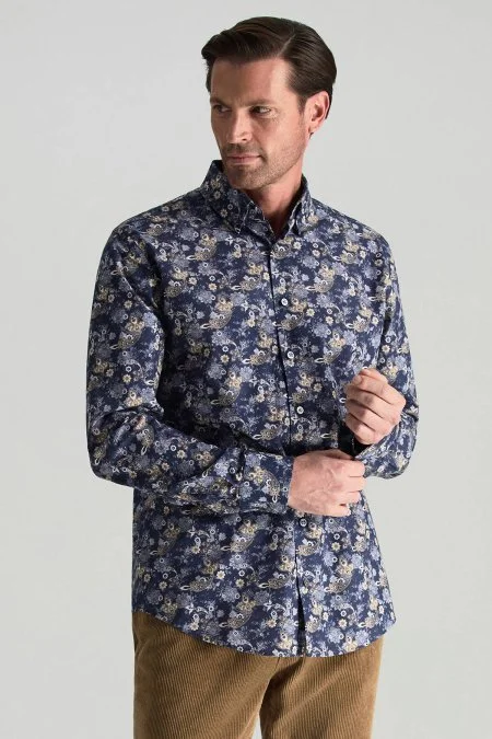 Etnik Desen Gizli Düğme Lacivert Saf Pamuk Gömlek