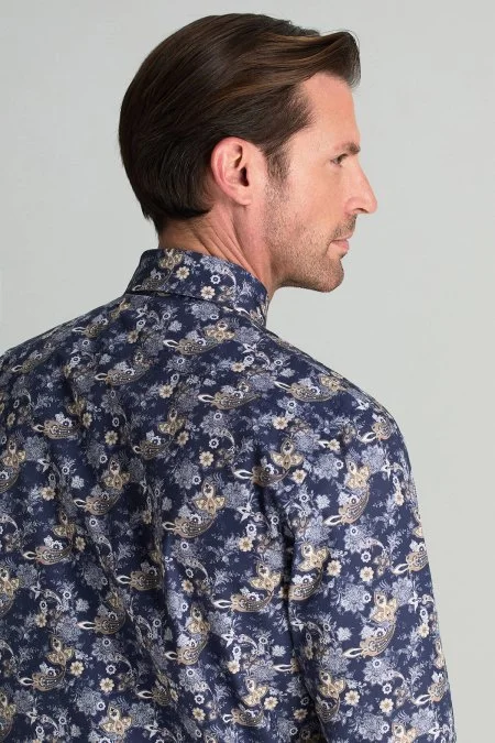 Etnik Desen Gizli Düğme Lacivert Saf Pamuk Gömlek