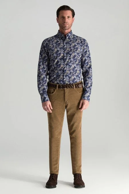 Etnik Desen Gizli Düğme Lacivert Saf Pamuk Gömlek