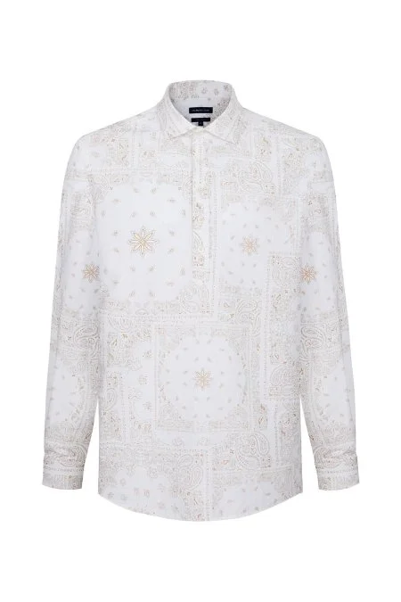Etnik Desen İtalyan Yaka Pamuk Tencel Beyaz Gömlek