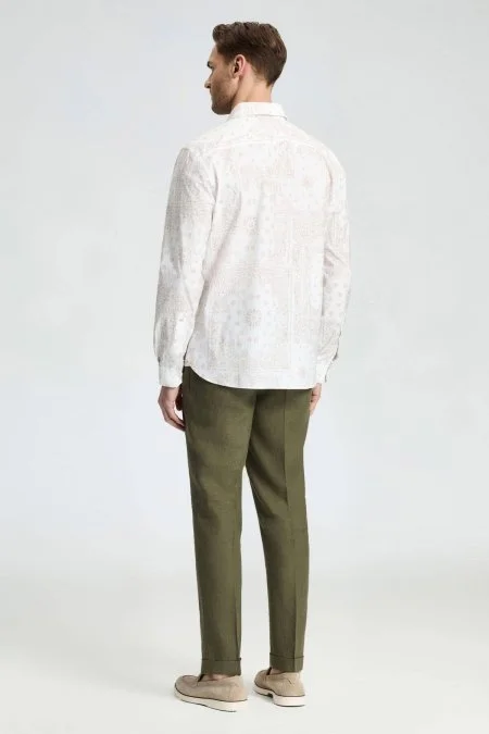 Etnik Desen İtalyan Yaka Pamuk Tencel Beyaz Gömlek