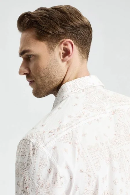 Etnik Desen İtalyan Yaka Pamuk Tencel Beyaz Gömlek