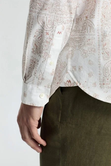 Etnik Desen İtalyan Yaka Pamuk Tencel Beyaz Gömlek