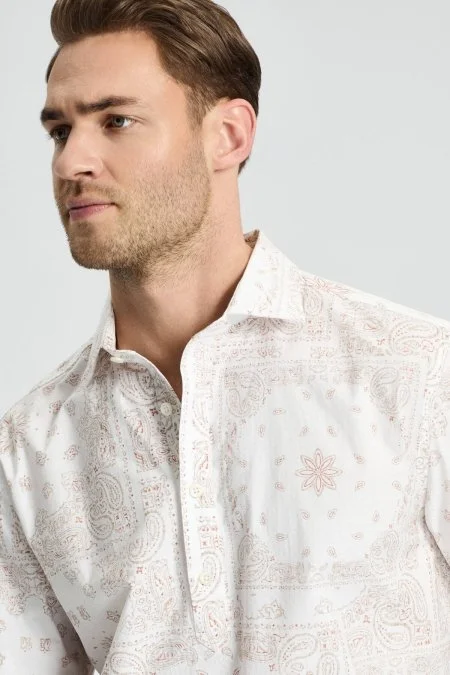 Etnik Desen İtalyan Yaka Pamuk Tencel Beyaz Gömlek