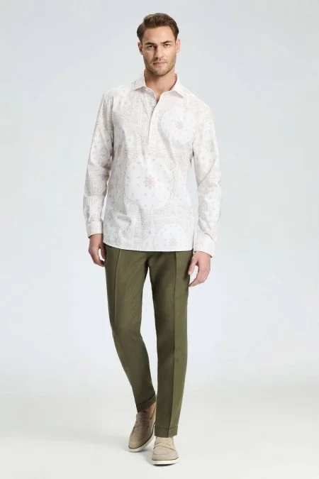 Etnik Desen İtalyan Yaka Pamuk Tencel Beyaz Gömlek