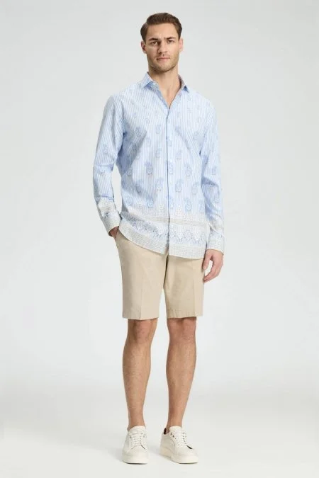 Paisley Desen İtalyan Yaka Pamuk Tencel Mavi Beyaz Gömlek