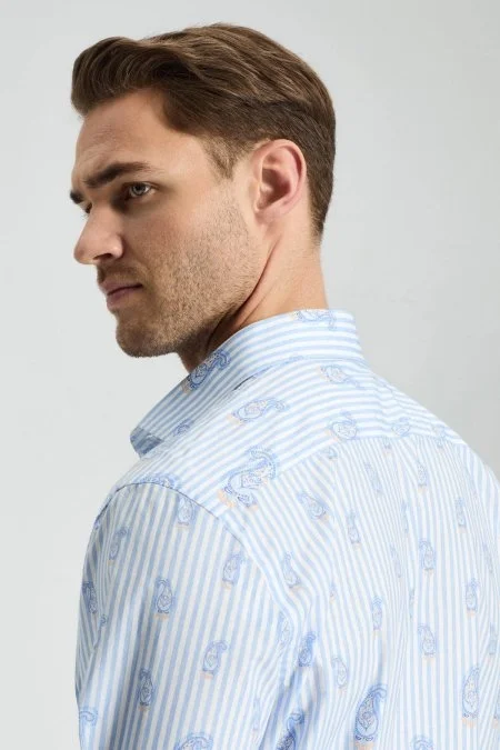 Paisley Desen İtalyan Yaka Pamuk Tencel Mavi Beyaz Gömlek