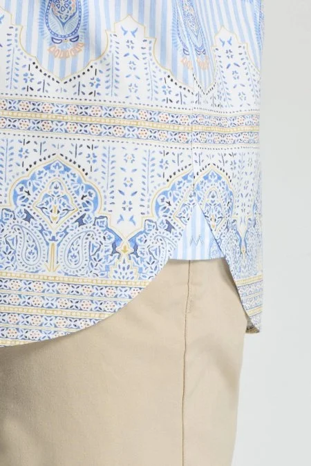 Paisley Desen İtalyan Yaka Pamuk Tencel Mavi Beyaz Gömlek