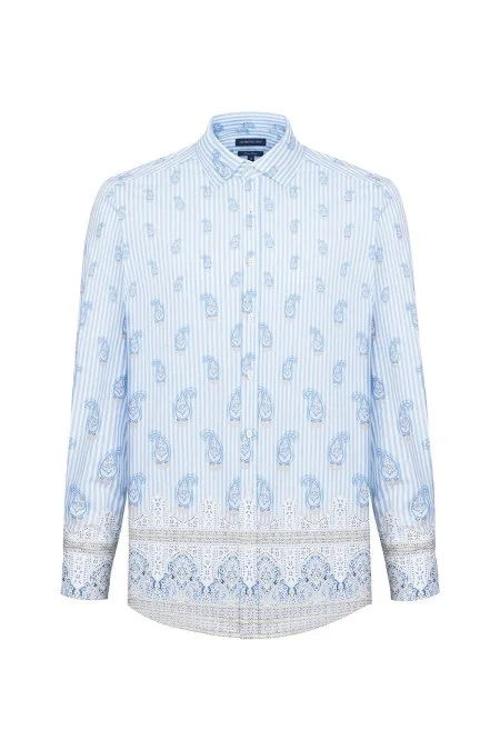 Paisley Desen İtalyan Yaka Pamuk Tencel Mavi Beyaz Gömlek