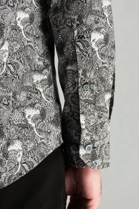 Etnik Desen Saf Pamuk Gizli Düğme Siyah-Beyaz Gömlek