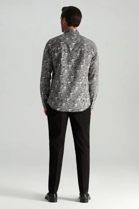 Etnik Desen Saf Pamuk Gizli Düğme Siyah-Beyaz Gömlek