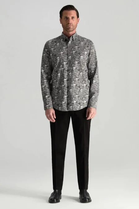 Etnik Desen Saf Pamuk Gizli Düğme Siyah-Beyaz Gömlek