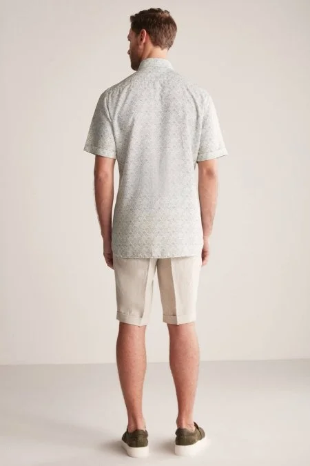 Etnik Desen Yeşil Gizli Düğme Kısa Kollu Tencel Gömlek