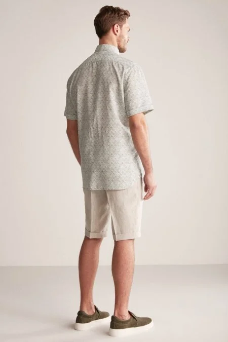 Etnik Desen Yeşil Gizli Düğme Kısa Kollu Tencel Gömlek