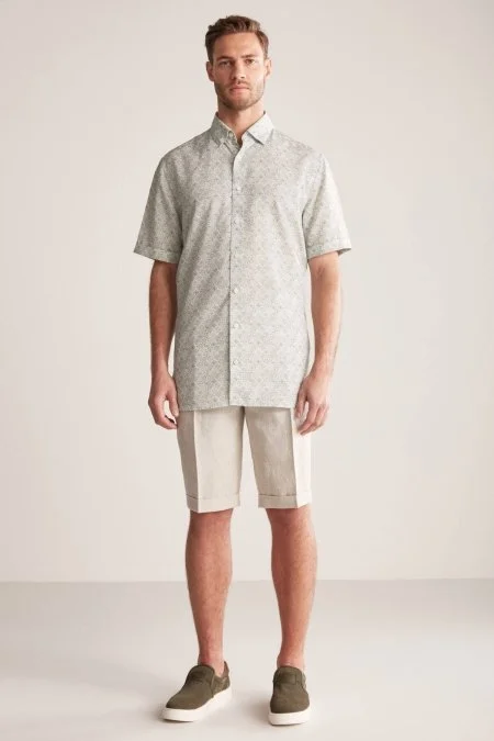 Etnik Desen Yeşil Gizli Düğme Kısa Kollu Tencel Gömlek