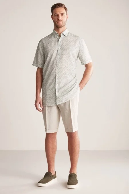 Etnik Desen Yeşil Gizli Düğme Kısa Kollu Tencel Gömlek