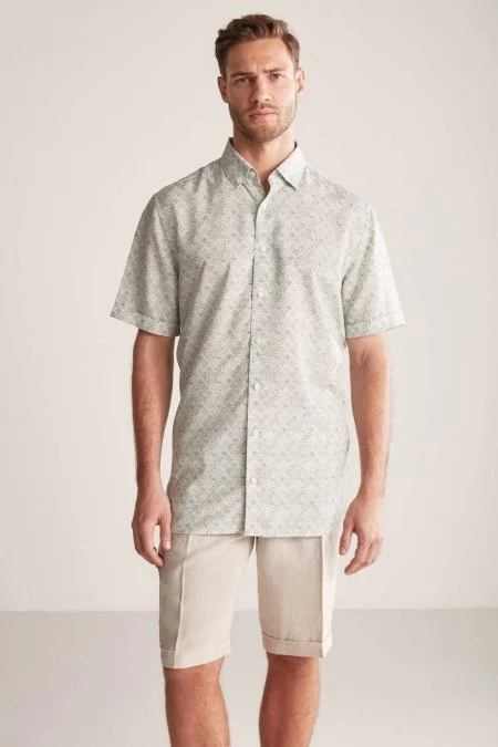 Etnik Desen Yeşil Gizli Düğme Kısa Kollu Tencel Gömlek