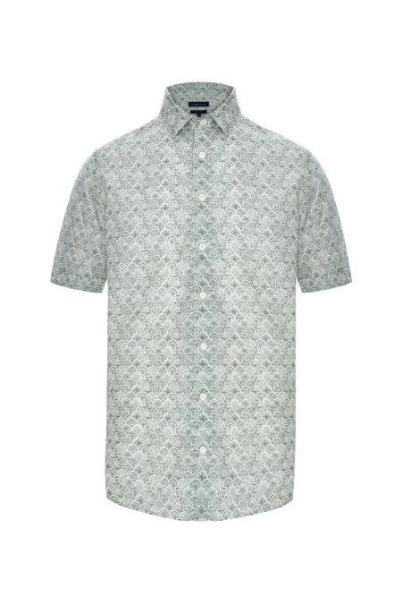 Etnik Desen Yeşil Gizli Düğme Kısa Kollu Tencel Gömlek