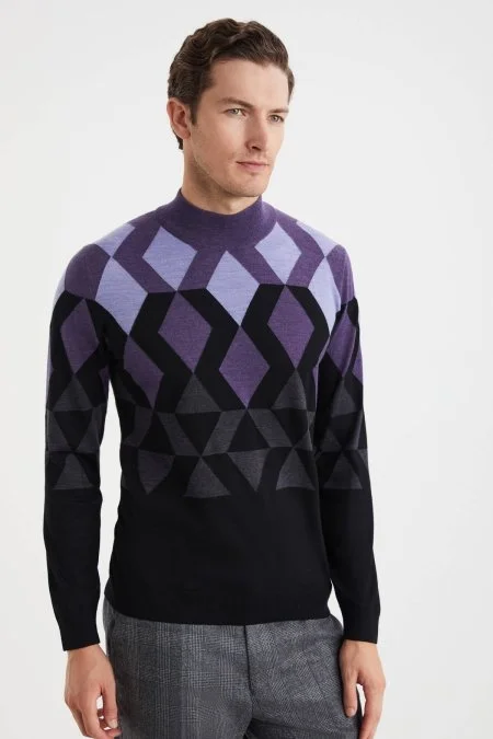 Extrafine Merino Desen Lupetto Yaka Siyah Triko