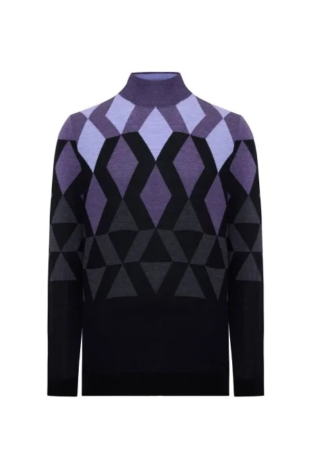 Extrafine Merino Desen Lupetto Yaka Siyah Triko