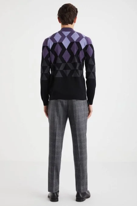 Extrafine Merino Desen Lupetto Yaka Siyah Triko