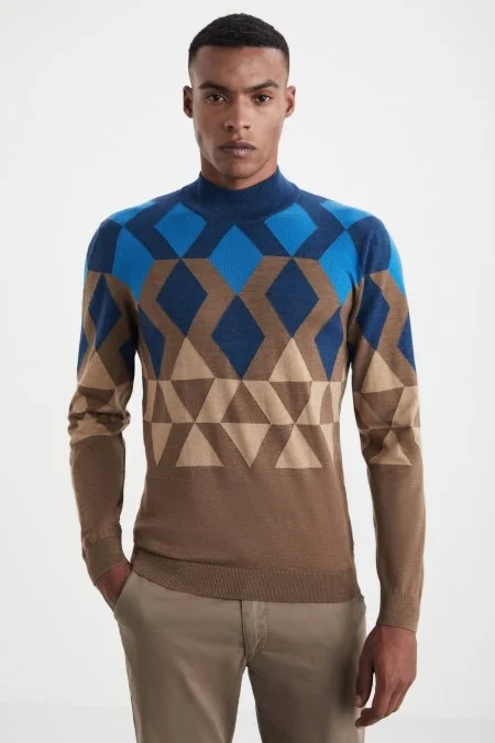 Extrafine Merino Desen Lupetto Yaka Tütün Rengi Triko