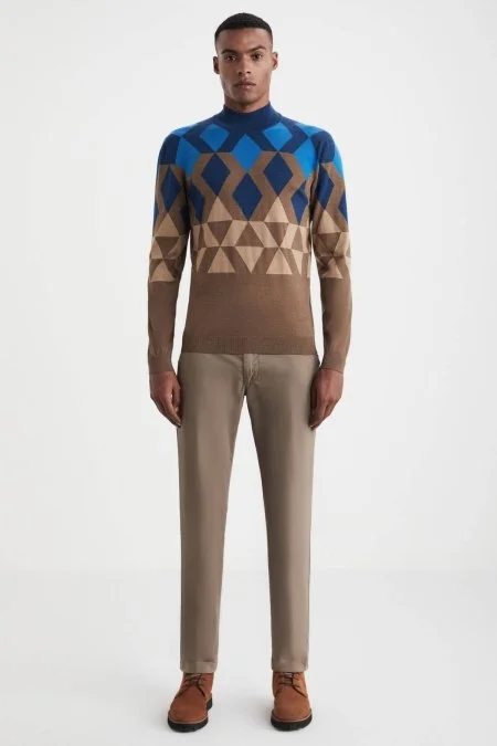 Extrafine Merino Desen Lupetto Yaka Tütün Rengi Triko