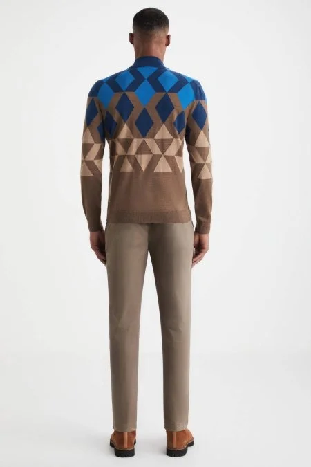 Extrafine Merino Desen Lupetto Yaka Tütün Rengi Triko