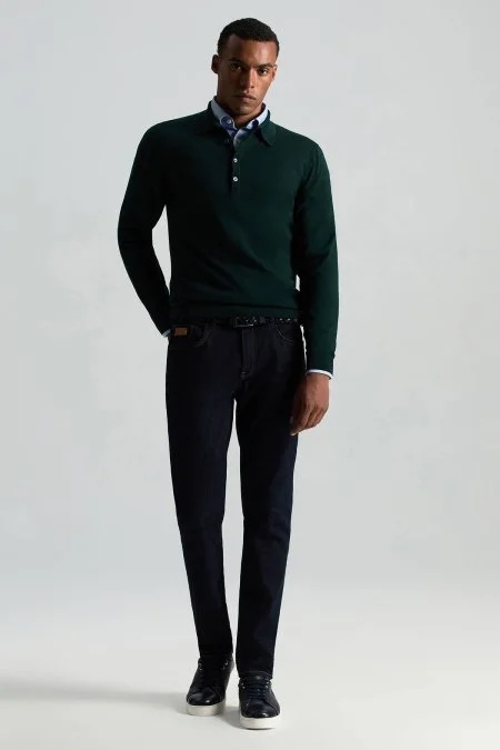 Extrafine Merino Polo Yaka Zümrüt Yeşili Triko