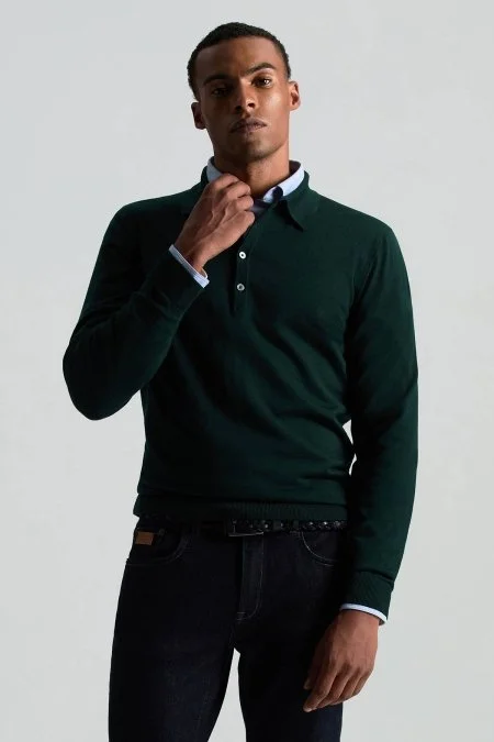 Extrafine Merino Polo Yaka Zümrüt Yeşili Triko
