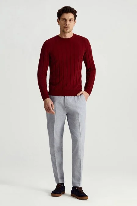 Extrafine Merino Yün-Pamuk Karışım Desenli Bordo Triko