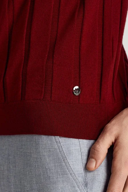 Extrafine Merino Yün-Pamuk Karışım Desenli Bordo Triko