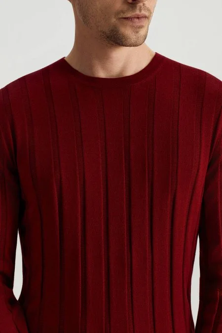 Extrafine Merino Yün-Pamuk Karışım Desenli Bordo Triko