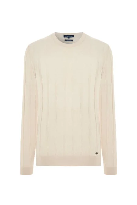 Extrafine Merino Yün-Pamuk Karışım Desenli Krem Triko