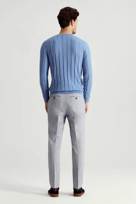 Extrafine Merino Yün-Pamuk Karışım Desenli Mavi Triko