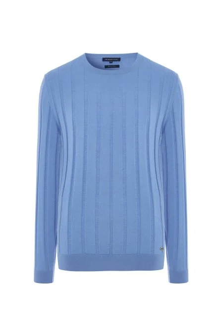 Extrafine Merino Yün-Pamuk Karışım Desenli Mavi Triko