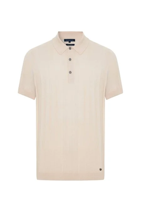 Extrafine Merino Yün-Pamuk Karışım Üç Düğme Krem Triko Polo