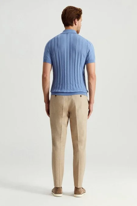 Extrafine Merino Yün-Pamuk Karışım Üç Düğme Mavi Triko Polo